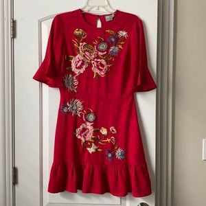 📦 MOVING SALE 🤑 ASOS | Floral Embroidered Red Dress with Frill Sleeves